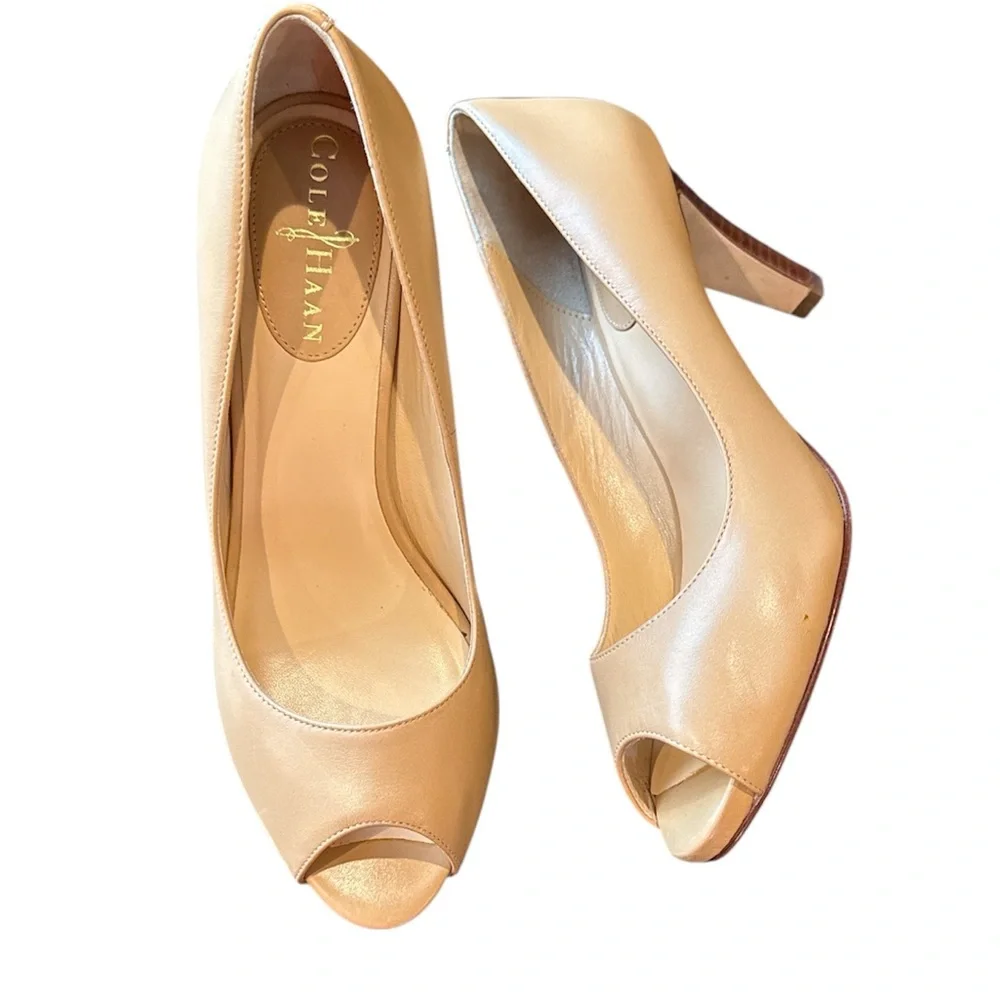 Cole Haan Peep Toe Pumps Nude Tan Leather High Heels Size 6.5B